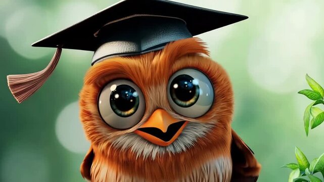 Cute cartoon owl wearing a graduation cap on a green background