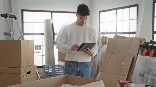 Man taps tablet while standing among packed moving boxes, tape and tools in a bright building interior with ladders and rolled rugs; focused.