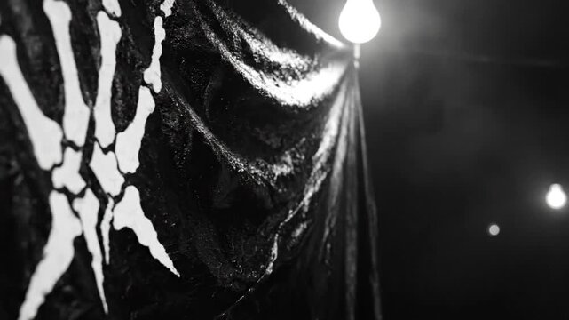 Black and white spooky skeleton flag hanging in dark room with string lights for Halloween or a haunted house