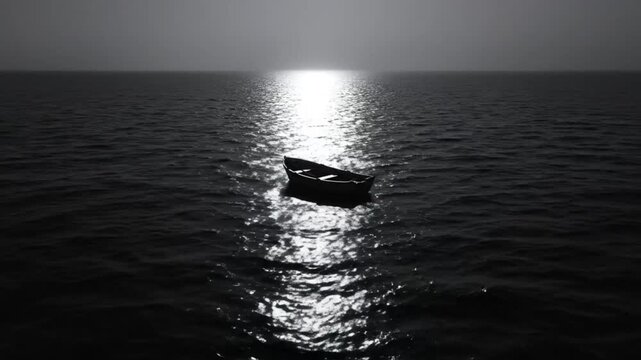 Lone boat floating on a dark sea with the sun's reflection shining brightly on the water surface