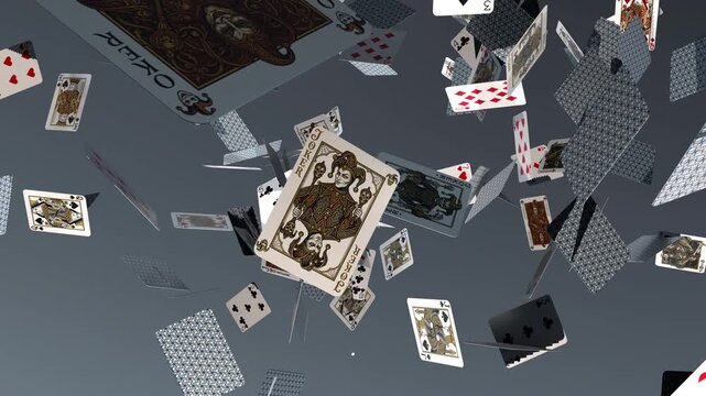 Seamless loop playing cards confetti animation of falling and rotating 3D playing cards unusually many number Jokers created by procedural 3d render.