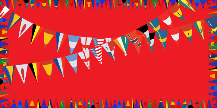 World flags bunting garland banner on red background. Simple vector illustration of international country flag pennants hanging garland frame, creative global patriotism party decoration background la