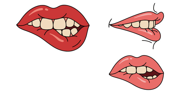 Collection of female red lips biting lower lip showing teeth vector illustration set in pop art style isolated on white background for sensual and nervous expression graphic design.