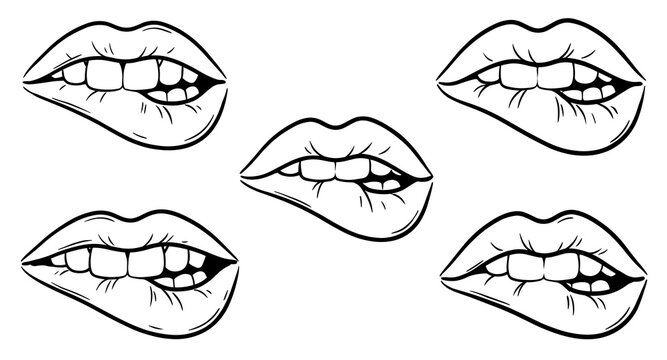 Hand drawn line art collection of beautiful female mouth biting lower lip showing teeth vector illustration set of attractive woman lips in minimalist black outline sketch style.