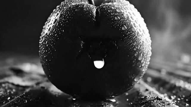 Black and white close up of a wet apple with water droplets and fog, creating a moody, minimalist scene.
