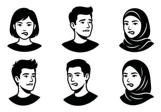 Black and white avatars of young diverse people biting lips showing nervous facial expressions vector illustration set of men and women faces with anxious emotion in simple outline.