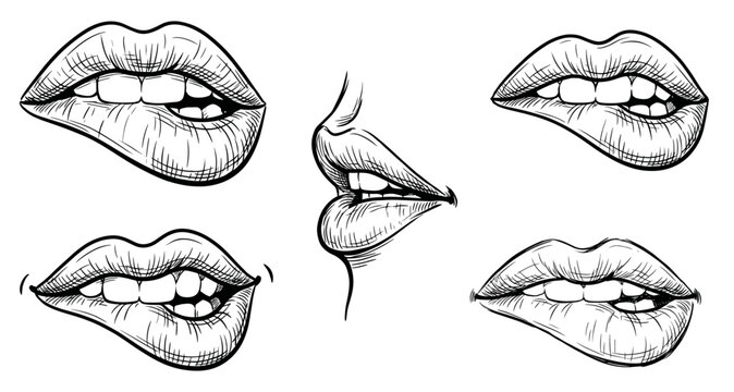 Hand drawn sketch collection of beautiful female mouth biting lower lip showing teeth vector illustration set of attractive woman lips in vintage engraved line art style on white.