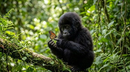 Naklejka premium A baby gorilla sitting on a tree branch in a lush forest holding a monarch butterfly on its finger