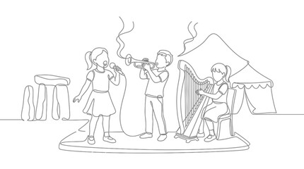 Obraz premium Children's band performing outdoors with harp, trumpet, and vocals