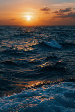 Golden Sunset Casting Soft Shadows on Gentle Waves, Evoking Peace and Reflection Over the Tranquil Sea