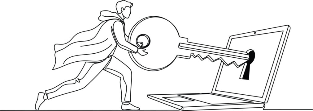 A single line drawing of a person wearing a cape inserting a large key into a laptop screen lock