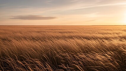 Fototapeta premium Golden wheat field at sunset, vast agricultural landscape under a warm evening sky, rural prairie meadow with dry grass textures