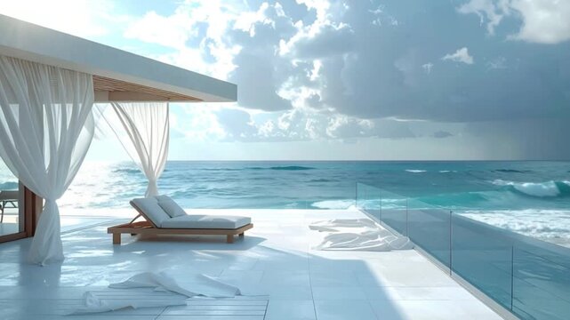 Luxury infinity pool deck with lounge chairs overlooking ocean.