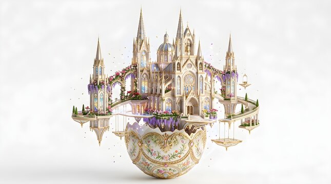 A detailed gothic cathedral floating above a decorated easter egg with floral accents and golden trim.