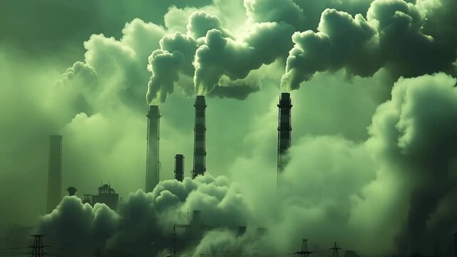 Industrial factory smokestacks releasing dense green smoke into the atmosphere