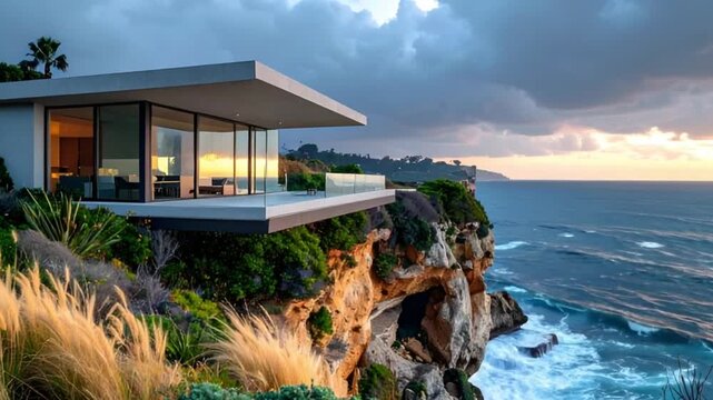 Modern cliffside house overlooking the ocean at sunset, showing luxury coastal architecture with warm golden evening light and dramatic sea view.