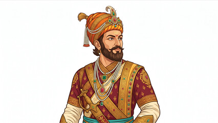 Fototapeta premium Traditional Storybook Style Portrait of Chhatrapati Shivaji Maharaj in Royal Maroon Robe