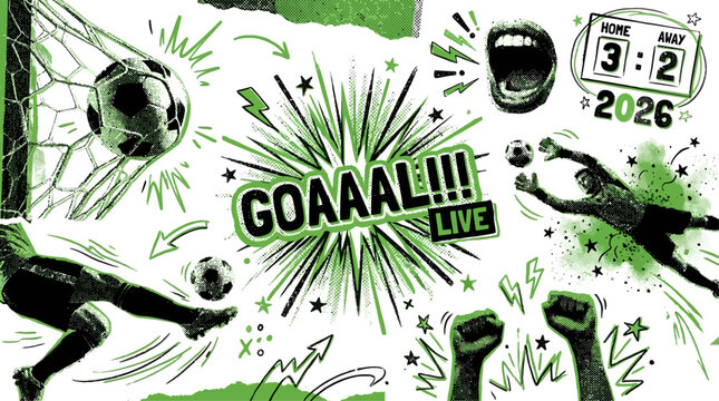 Football halftone collage set. Soccer world cup goal stickers with a player kicking ball, screaming celebration, goaaal burst, and live tag. Modern retro grunge mixed media doodles.