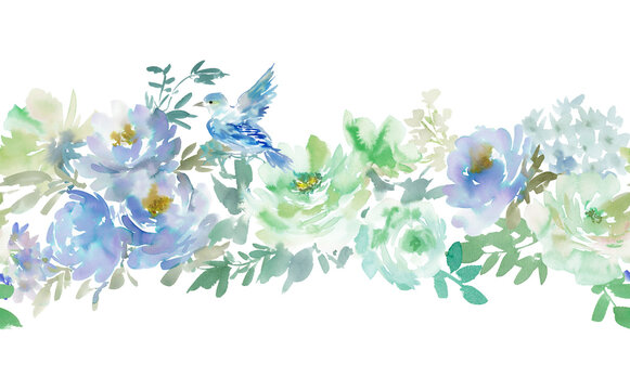 Watercolor floral PNG seamless background with abstract hand painted blue and green roses, wild flowers and blue bird for banner, stationary and wedding invitation.
