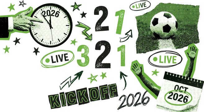 Football halftone collage cut outs set. Live soccer world cup kickoff stickers with clock, ball, field, score 2 1, and october 2026 date. Modern retro grunge mixed media doodles.