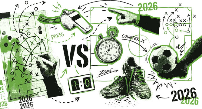 Football halftone art collage set. Soccer world cup versus stickers with phone, stopwatch, boots, ball, and 2026 score. Modern retro grunge mixed media cut out scribble doodles.