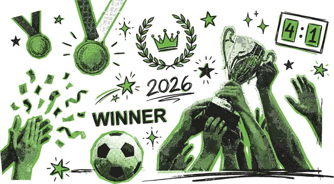 Football halftone collage cut outs set. World cup winner stickers with cheering hands lifting a trophy, soccer ball, laurel, and 2026 score. Modern retro grunge mixed media doodles.