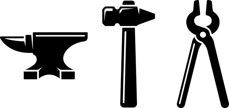 Set of black blacksmith tools anvil hammer pliers isolated on checkered background vector illustration industrial equipment and crafting symbols.