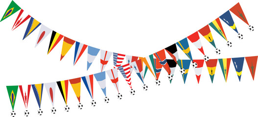Obraz premium World flags bunting garland hanging banner with soccer balls. Simple vector illustration of international country flag pennants hanging garland strings, creative global football sports tournament deco