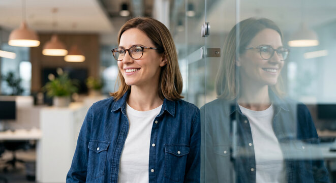 Smiling confident businesswoman wearing glasses standing by a glass wall reflection in a modern corporate office interior