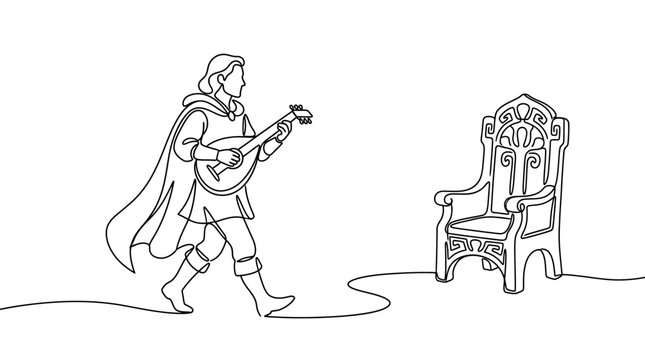 Bard playing lute walks towards ornate throne, one line drawing, fantasy illustration