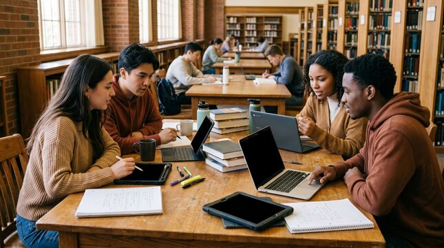 Students work together on assignments in a library during afternoon study session