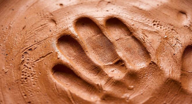 Wet Clay Surface with Hand Impression Macro Close Up Terracotta Pottery Artisan Texture