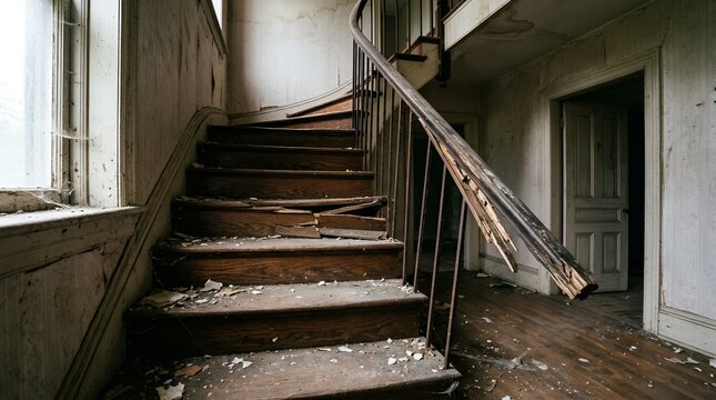 Interior staircase in a dilapidated house with damaged wooden railings old fashioned interior design wood grain staircase abandoned interior dilapidated railings neglected building crumbled