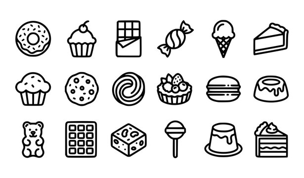 Minimal Dessert Pictogram Set with Donut Cupcake Candy and Chocolate Food Icons