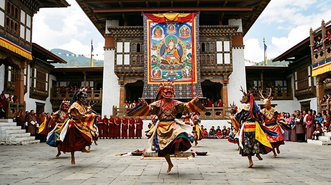 Bhutanese Masked Cham Dance Performance at a Monastery Festival