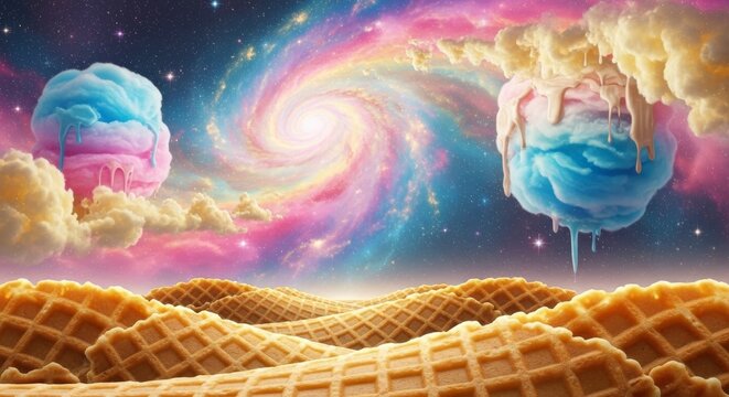 Abstract surreal landscape featuring waffle cone texture terrain and floating cotton candy clouds under galaxy, landscape