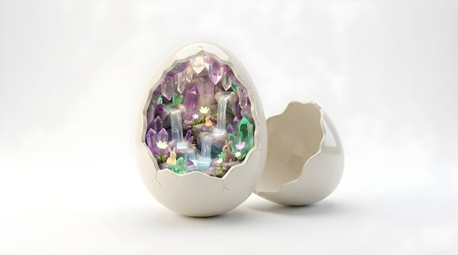 Magical crystal cave with waterfalls and small animals inside a cracked white easter egg on white