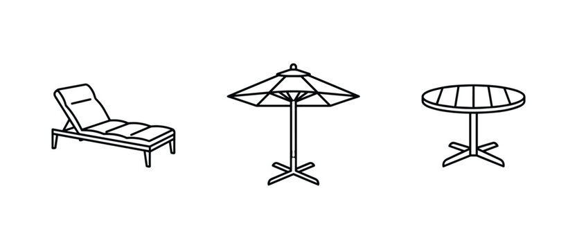Outdoor patio furniture line icons. sun lounger umbrella round table vector.