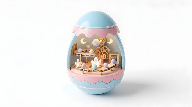 Mechanical planet factory inside a pastel easter egg with gears and crystal spheres on white background