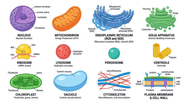 Cell Organelles Diagram: Nucleus, Mitochondrion, ER, Golgi, Ribosome, Lysosome, Peroxisome, Centriole, Chloroplast, Vacuole, Cytoskeleton, Plasma Membrane