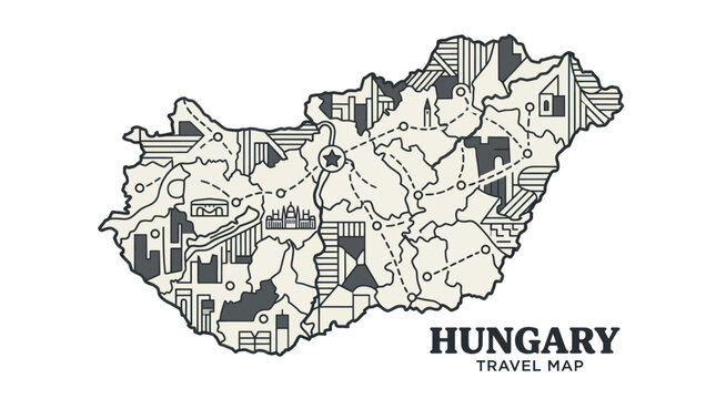 Hungary Travel Map Illustration - Stylized Country Outline with Landmarks