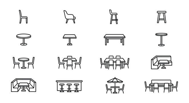 Modern chair and table sets for dining room and cafe interiors.