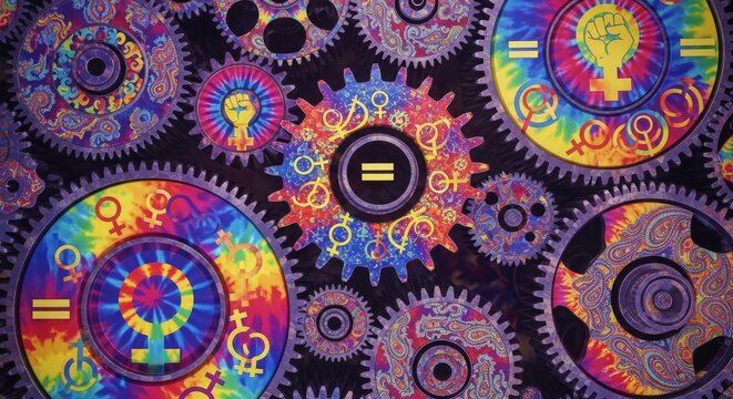 Abstract conceptual gender equality pattern with colorful interlocking mechanical gears and feminist symbols, equality