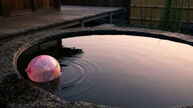 Patterned pink water balloon floating in a stone water basin outside a traditional wooden building at dusk