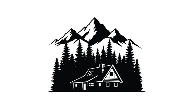 Black and white illustration of a house in a forest with mountains