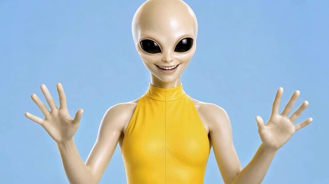 Alien with large dark eyes, wearing a costume