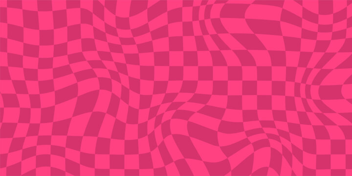 Pink checkerboard seamless pattern vector, abstract magenta distorted grid background with wavy psychedelic checker board squares for retro fashion print, y2k wrapping paper, and trippy backdrop.