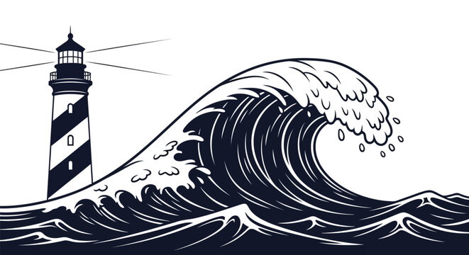 Black and white lighthouse with big wave