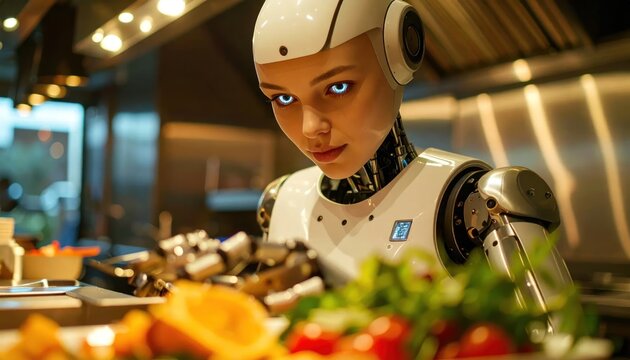 Futuristic Humanoid Robot Preparing Fresh Food in Modern Commercial Kitchen