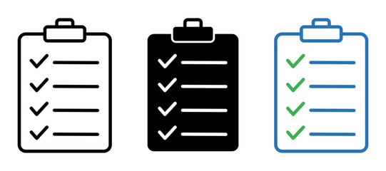 Set of three clipboard icons with checklist and check marks for business planning and task management office work design © Rasel